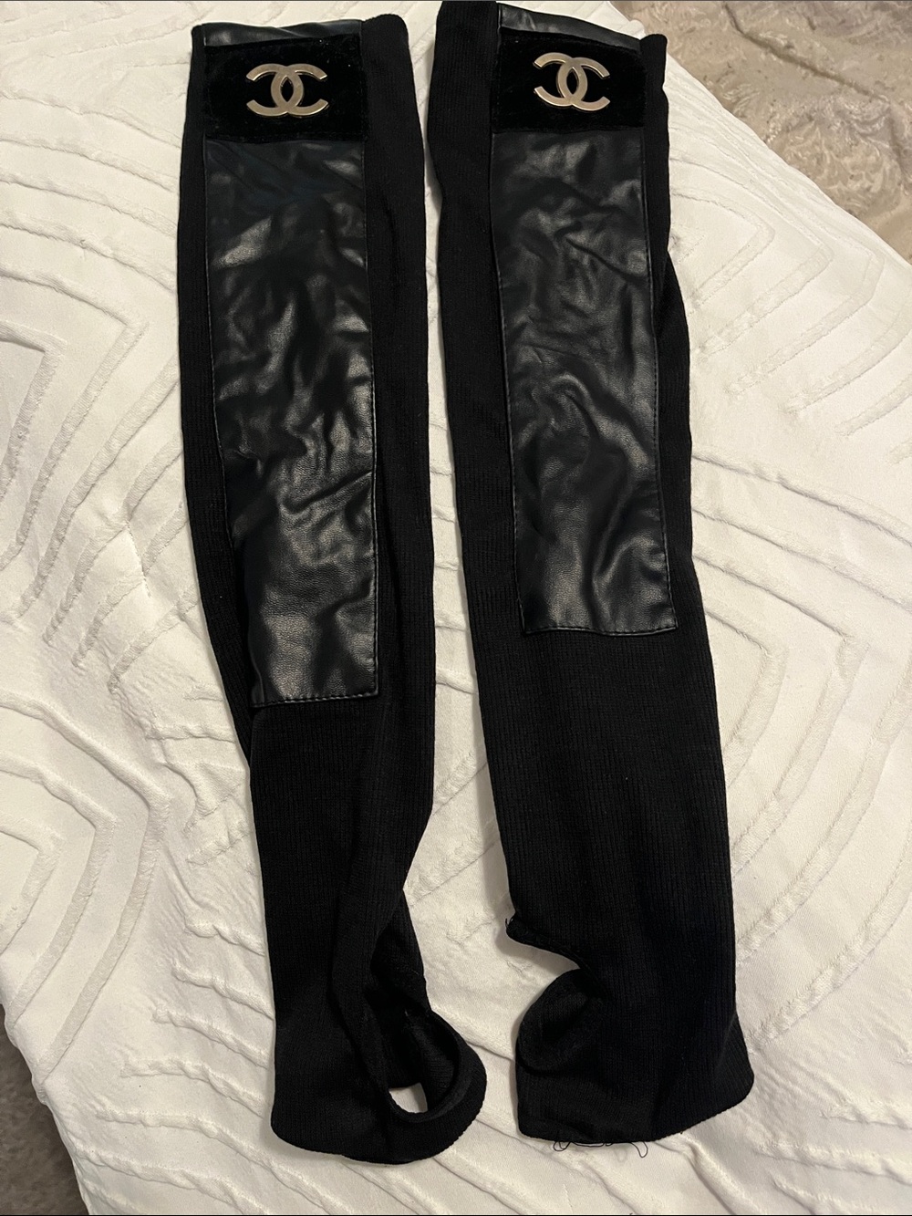 CC Black Knit Leg Warmers with Leather Panels and Gold CC